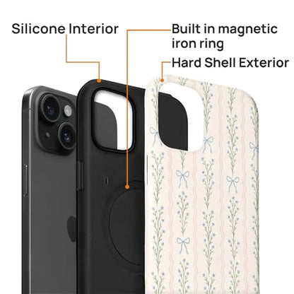 Magnetic for iPhone 15 Plus Case,[Compatible with Magsafe] Dual Layer Protective Heavy Duty Shockproof Rugged Drop Protection Bumper Hybrid Case - Blue Bow Stripes - color: Blue Bow Stripes, size: iPhone 15 Plus