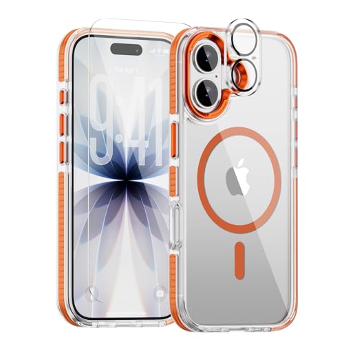 Full Body Protection Kit for iPhone 17 Case, MagSafe Compatible Clear Cover, Orange Non-Slip Grip Bumper, N52 Magnetic Backing, Includes Tempered Glass Screen Protector and Lens Film - color: Clear Orange non-slip, size: iPhone 17