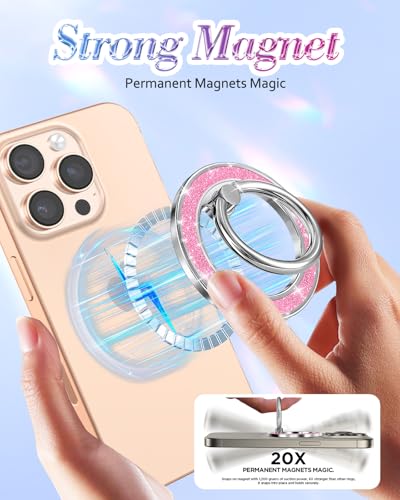Phone Ring Holder Compatible with MagSafe - Magnetic Cell Phone Grip for Women Cute Magnet Removable Finger Ring Grip Stand Glitter Shiny Accessories for iPhone 17 16 15 14 13 Pro Max Plus - color: Pink