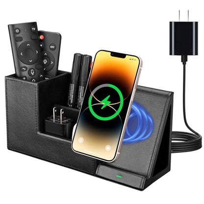 Wireless Charger with Desk Organizer, Fast Charging Station for iPhone 15 14 13 12 11 Pro Max/Samsung Galaxy S23/S22/S21/S20/Z Flip/Fold 5, Desk Phone Charger Stand Office Desktop Organizer Leather