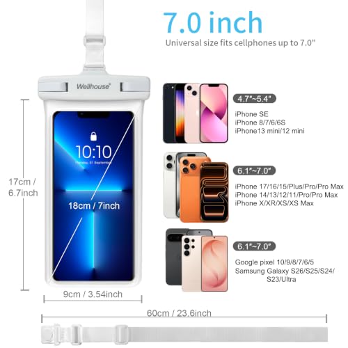 wellhouse Waterproof Phone Pouch, Waterproof Phone Case for iPhone 16 15 14 13 12 Pro Max XS Samsung, IPX8 3D Cellphone Dry Bag Beach Essentials (1 Pack - White7.0, 7 inch) - color: 1 Pack - White7.0"