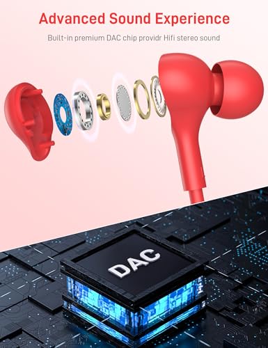 USB C Headphones for Apple/iPhone Duo 18 17 16 15 Wired Earbuds with Case - color: Red