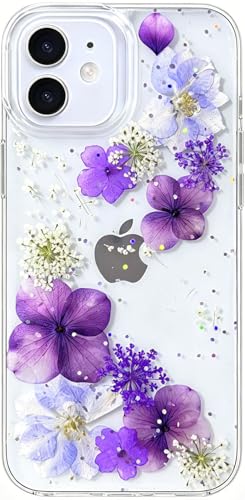 Abbery for iPhone 12 Mini Case Clear with Pressed Glitter Purple Flower Design Cute Bling Sparkle Soft TPU Rubber Dried Real Floral Aesthetic Women Girls Phone Cover (Grape Flowers) - color: Glitter Purple, size: for iPhone 12 Mini