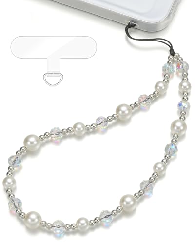 Crystal & Pearl Phone Charm Wrist Strap, Beaded Lanyard Wristlet Chain, Hands-Free Bracelet Strap for Phone Cases - color: Crystal+pearl