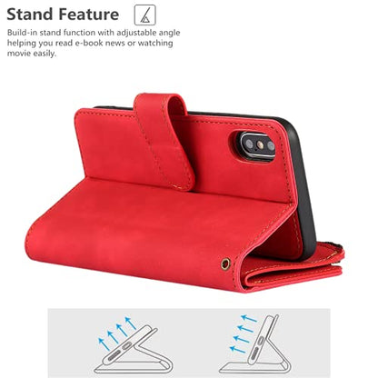 iCoverCase for iPhone X/XS Wallet Case with Card Holder and Wrist Strap, PU Leather Kickstand Card Slots Zipper Pocket Magnetic [Detachable] Flip Cover Case 5.8 Inch (Red) - color: Red