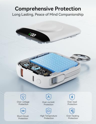 Portable Charger 10000mAh 22.5W Power Bank Built-in 2 Cables Keychain | Charge 5 Devices, TSA approved, Travel Fast Charging Battery Pack for iPhone Samsung Google Android & iWatch Charger, White - color: White