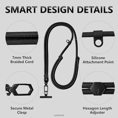 Adjustable Crossbody Phone Lanyard, Braided Cord with Tether Tab - color: Black