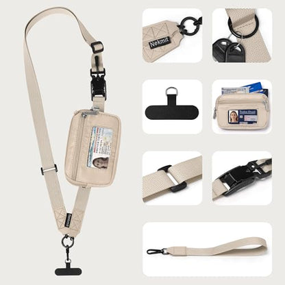 Nekmit Clip and Go Strap for Phone with Wallet Crossbody, Adjustable Phone Lanyard with Detachable Zippered Pouch & Wristlet - color: Dark Beige