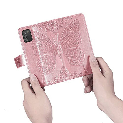 Wallet Case for Samsung Galaxy A03s with Card Holder Rose Gold | PU Leather Flip Phone Cover,Wrist Strap,Woman Man Purse,Emboss Butterfly Flower,Stand,Shockproof TPU Shell, Magnetic Closure - color: B Rose Gold