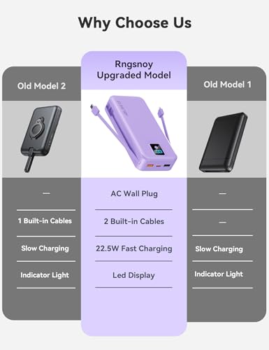 Portable Charger 20000mAh 22.5W w/Built-in Cable & Wall Plug Purple - color: Violet