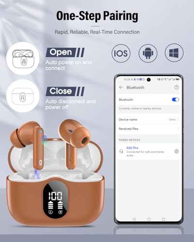 Wireless Earbuds, Bluetooth 5.4 Headphones Bass Stereo/Clear Calls, Brown - color: Brown