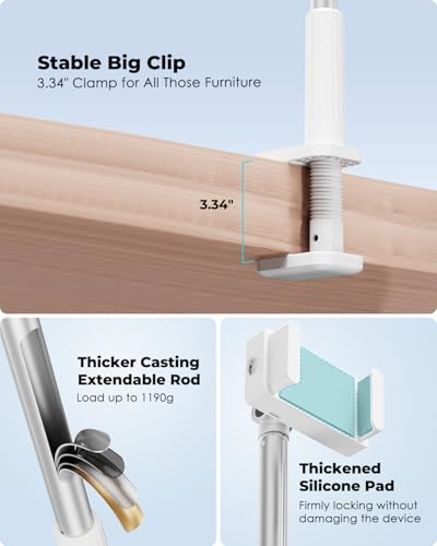 Viozon Tablet Holder Stand, Phone/Kindle Holder with Flexible Aluminum Alloy Long Arm, C Clamp for Headboard Bedside&Table, Compatible with 3.5-11" iPad,Kindle, iPhone 15 14 Plus/Pro Max,W