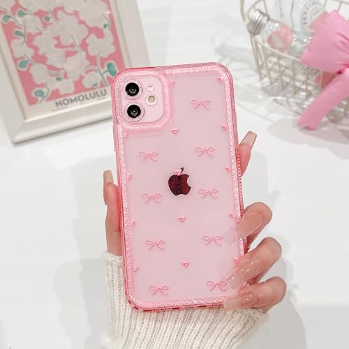 NITITOP Compatible with iPhone 12 Case Cute Clear Pink Glitter Bow Knot Design Shiny Star Sparkle Bling Diamond Girls Women Soft TPU Shockproof Protective Phone Cover - Little Bow Heart - color: Little Bow Heart, size: iPhone 12