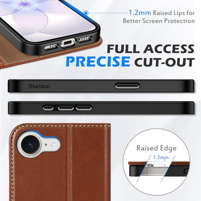 SHIELDON Genuine Leather Wallet Case for iPhone 17e/16e 6.1", Retro Brown | Magnetic Closure, RFID Blocking, Credit Card Holder, Viewing Stand, Folio Design, Shockproof Protective Cover - color: Retro Brown