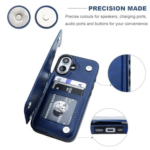 ONETOP for iPhone 16 Wallet Case with Credit Card Holder,Blue | Kickstand,ID/Cash Holder,Case Wallet with Card Slots,Double Magnetic Clasp,Durable PU Leather Shockproof Cover for Women Men - color: Blue