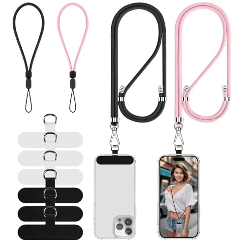 Cell Phone Lanyard, 2 Phone Crossbody Lanyard, 2 Wrist Phone Strap and 6 Connectors Compatible with Most Phones - color: Black Light-pink