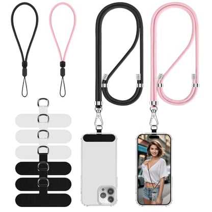 Cell Phone Lanyard, 2 Phone Crossbody Lanyard, 2 Wrist Phone Strap and 6 Connectors Compatible with Most Phones - color: Black Light-pink