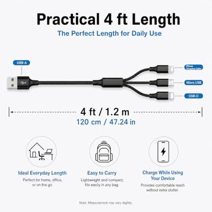 3-in-1 Multi Fast Charging Cable 4FT Nylon Braided Micro USB USB-C for iPhone 14 13 12 Pro Max Samsung OnePlus Xiaomi Travel Car Accessories - color: Black