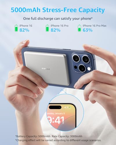 “Air” Power Bank for MagSafe 5000mAh Ultra Slim Battery Charger Case | Magnetic Wireless Portable Battery Charger Case with USB-C Cable, Compatible with iPhone 17/16/15/14/13/12 Series Only Sliver - color: Silver