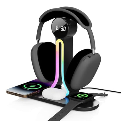 Transform Your Desk – 3-in-1 Wireless Charging Station with Headphone Stand, Dual USB Ports, 15W Fast Charger for Phone/A-irPods/A-pple Watch, RGB Light, LED Alarm Clock – Charge 5 Devices at Once