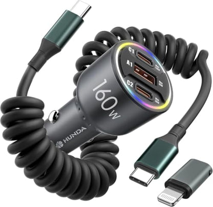 USB C Car Charger Fast Charging,HUNDA Dual USB Car Charger with PD 30W Fast Charger for iPhone 15/15 pro/15 Pro Max,Galaxy s24/s23/s22 ect (160W)