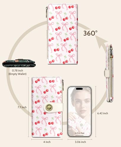 GIANCOMICS Cute Womens Wallet RFID Blocking, Bow Credit Card Holder Bifold | Billfold, Cute Cash Purse, Travel Zipper Coin Pocket, Compact Clutch, PU Leather, ID Window, 11 Card Slots, Ladies Gift Woman - color: Bows and Cherry