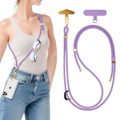 BestStone Crossbody Phone Lanyard Strap with 2 Tether Tabs (Nylon Pad + Metal Plate), Adjustable Cell Phone Lanyard - color: Light Purple
