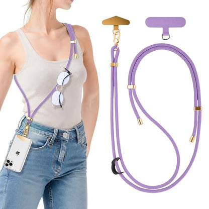 BestStone Crossbody Phone Lanyard Strap with 2 Tether Tabs (Nylon Pad + Metal Plate), Adjustable Cell Phone Lanyard - color: Light Purple