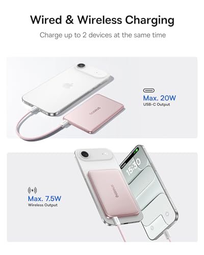 Baseus Picogo Power Bank, 0.3" Ultra Slim 5000mAh MagSafe Battery Pack, Upgraded Polished Alloy Magnetic Portable Charger, Wireless Charger with USB-C Cable for iPhone 17 Pro Max/17 Air/16/15/14/13/12 - color: Polished Nebula Pink