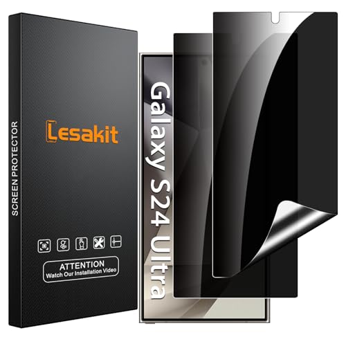 Lesakit 2 Pack Privacy Screen Protector for Samsung Galaxy S24 Ultra 6.8 inch, Anti Spy TPU Flexible Screen Protector [Support Fingerprint ID], True 28°, High Sensitivity, Case Friendly