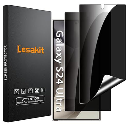 Lesakit 2 Pack Privacy Screen Protector for Samsung Galaxy S24 Ultra 6.8 inch, Anti Spy TPU Flexible Screen Protector [Support Fingerprint ID], True 28°, High Sensitivity, Case Friendly