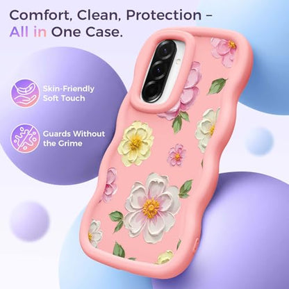 for Galaxy A36 Phone Case, Wavy Soft TPU, Pink-Large Flower | Wavy Frame Design, Soft Slim TPU, Full Camera Lens Protection, Shockproof Phone Cover - color: Pink-Large Flower, size: Samsung A36