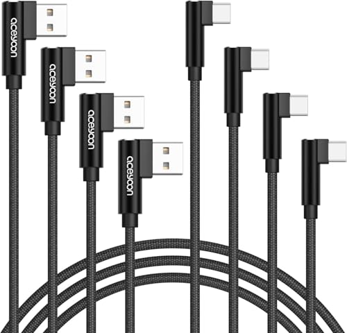 aceyoon Right Angle USB to USB C Cable 4 Pack(1/1.6/3/6.6ft), 2.4A Fast Charging 90 Degree Nylon Braided USB to USBC Charger Cord for iPhone 17/16, Samsung Galaxy S25/S24/S23, Google Pixel, Sony