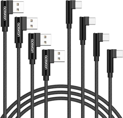 aceyoon Right Angle USB to USB C Cable 4 Pack(1/1.6/3/6.6ft), 2.4A Fast Charging 90 Degree Nylon Braided USB to USBC Charger Cord for iPhone 17/16, Samsung Galaxy S25/S24/S23, Google Pixel, Sony