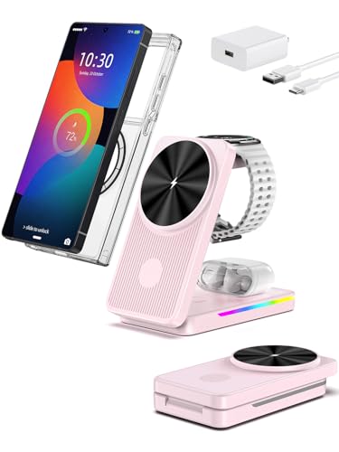 Magnetic Wireless Charger for Samsung, 3 in 1 Travel Charging Station - color: Pink
