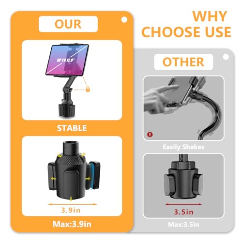 WUITIN Cup Holder Car Tablet Mount for Car, 360° Adjustable 15" Long 2-Arm Stand Holder for iPad,Samsung Galaxy Tab/Z Fold 4/3, iPhone 15/14/Pro, 4.7-12.9" Tab &Phone