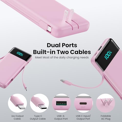 Portable Charger with Built-in AC Plug and Cables,13800mAh All in One USB C Fast Charging Power Bank,Travel Essentials Portable Phone Charger Battery Pack for iPhone 17/16/15/14/13,Galaxy,Android-Pink - color: Pink