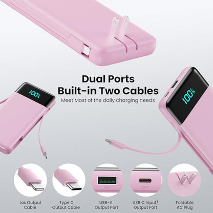 Portable Charger with Built-in AC Plug and Cables,13800mAh All in One USB C Fast Charging Power Bank,Travel Essentials Portable Phone Charger Battery Pack for iPhone 17/16/15/14/13,Galaxy,Android-Pink - color: Pink