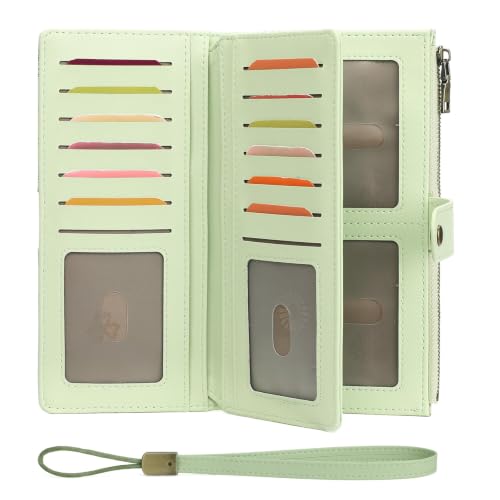 GAEKEAO Wallets for Women Leather RFID Blocking Large Capacity Card Case Ladies Wristlet Clutch Wallets Zipper Pocket with 4 ID Windows 21 Card Slots - color: Green