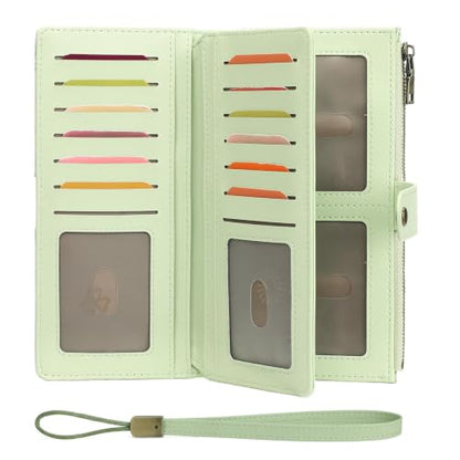 GAEKEAO Wallets for Women Leather RFID Blocking Large Capacity Card Case Ladies Wristlet Clutch Wallets Zipper Pocket with 4 ID Windows 21 Card Slots - color: Green