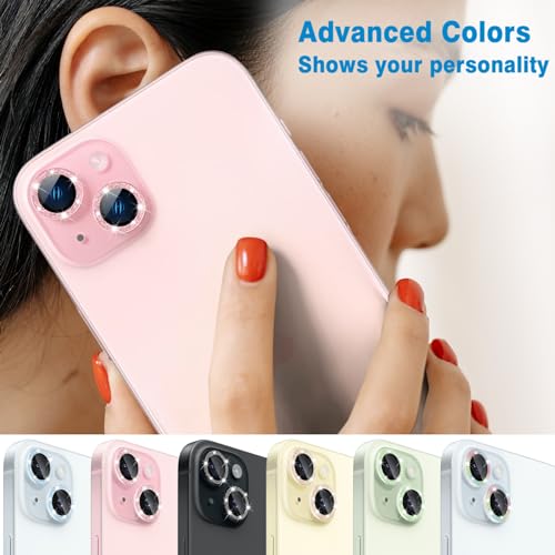 Compatible with iPhone 15 & 15 Plus Camera Lens Protector, Bling Glitter Diamond Lens Cover 9H Tempered Glass Camera Cover Anti Scratch Shockproof Screen Protector Individual Metal Lens Ring - - color: Purple Glitter