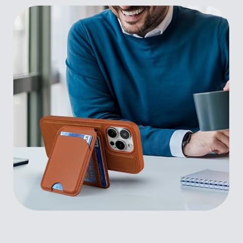 Magnetic Wallet for Mag-Safe with Adjustable Stand, 5 Card Holder, RFID Blocking,Upgraded Leather Card Holder Wallets Compatible with iPhone 17 16 15 14 13 12 Series - color: brown folding support