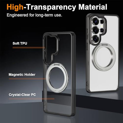 Magnetic Case for Samsung Galaxy S26 Ultra 5G Phone 2026 | with Rotating Kickstand | Non-Yellowing Transparent Clear | Slim Thin | Wireless Charging | Shockproof Protection (Black) - color: Black, size: S26 Ultra
