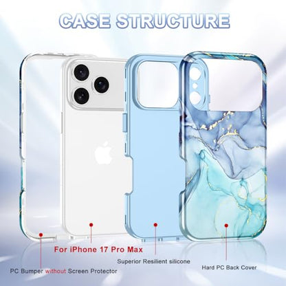 Btscase Compatible with iPhone 17 Pro Max Case 6.9 Inch 2025,Marble Pattern 3 in 1 Heavy Duty Shockproof Full Body Rugged Hard PC+Soft Silicone Drop Protective Women Girl Phone Cases, Blue Cyan - color: Blue Cyan, size: iPhone 17 Pro Max