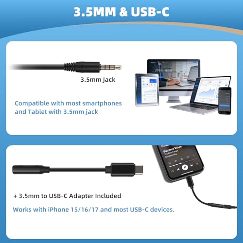 Arama Cell Phone Headset with Mic, 3.5mm Wired, USB-C Adapter