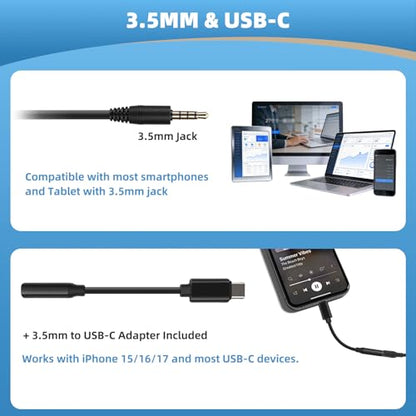 Arama Cell Phone Headset with Mic, 3.5mm Wired, USB-C Adapter
