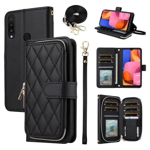 Argyle Wallet Case for Samsung Galaxy A20s with Wrist Strap Shoulder Strap, 9+ Card Slots Zipper Purse Luxury PU Leather Stand Checkered Phone Cover for A 20s Plus A207M Women Girls Black | Girls, Wrist/Shoulder Strap, Card Slots, Luxury PU Leather, Card