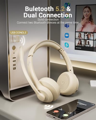 JIAMQISHI Bluetooth V5.2 Office Headset in Apricot, Wireless Headphones with Noise Reduction Microphone, USB Receiver and Mic Mute for Video Conference & Cellphones - color: Apricot