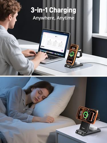 3 in 1 Charging Station for Apple,Travel Wireless Charger with Clock - color: Black