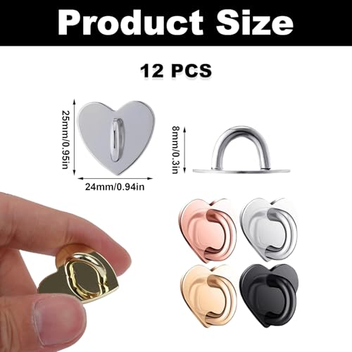 12PCS Phone Charm Heart Hooks, Adhesive Metal Finger Rings, Heart Shaped Cellphone Stand Holder, Finger Grip Loop Accessories Charm for DIY Phone Cases Pad Tablets